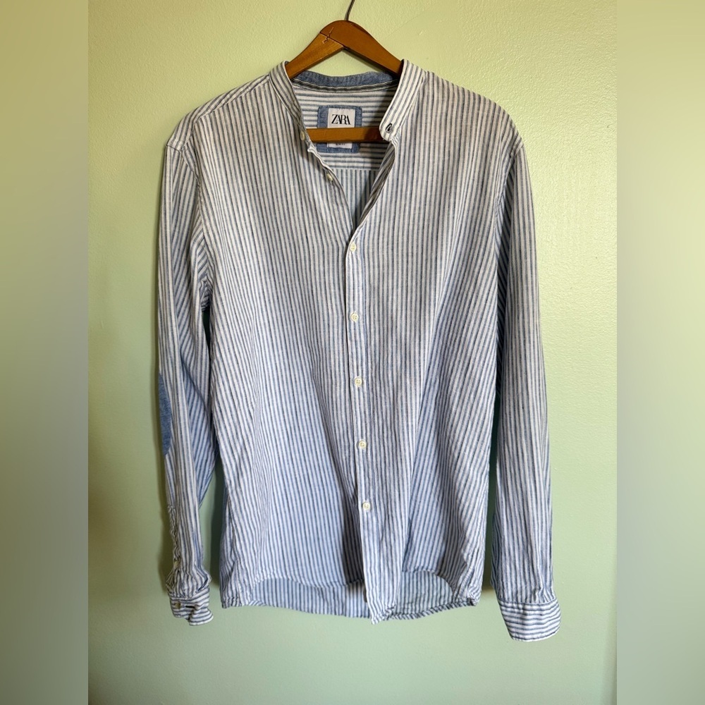 Zara Men's White and Blue Striped Button Down Shirt